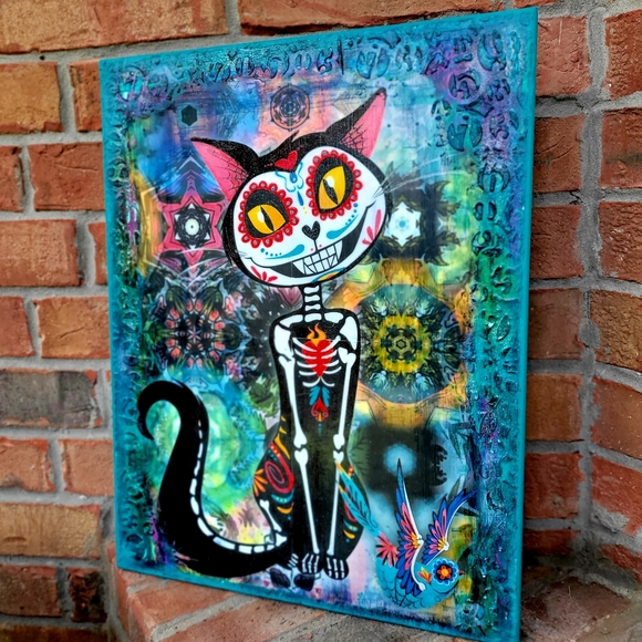 Sugar Skull Cat and Sparrow Day of Dead Painting Large 16x20 Canvas Handmade - Picture 4 of 10
